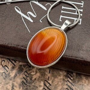 Banded Agate Pendant Necklace Carnelian Orange Silver 20” Boho Minimalist
